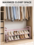 Bumusty 3 Tier Expandable Shoe Rack for Closet, Pink | 18"-33" Adjustable Shoe Rack for Entryway, Small Shoe Organizer for Dorm, Front Door, Sturdy Metal - Image 4