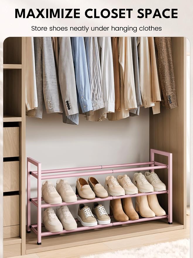 Bumusty 3 Tier Expandable Shoe Rack for Closet, Pink | 18"-33" Adjustable Shoe Rack for Entryway, Small Shoe Organizer for Dorm, Front Door, Sturdy Metal - Image 4