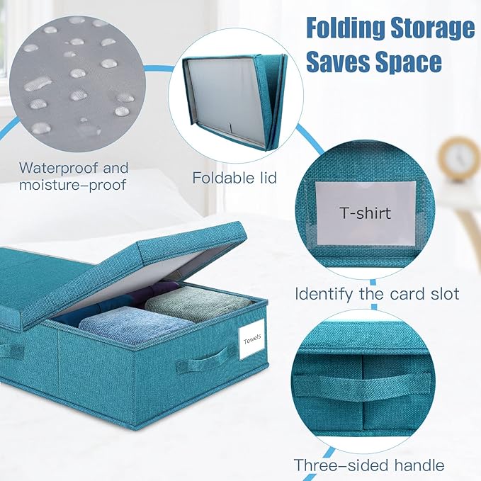 Supowin 2Pack Large Underbed Storage Containers Bin with Lids, Cyan Blue | 6 Inches Tall Under Bed Storage Organizer Box with Handles, Foldable Closet Organizer for Clothes, Blankets, Seasonal Items - Image 4