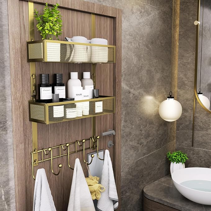 Consumest Over The Door Hooks Organizer - 3 Tier Door Hanger with 9 Coat Hooks & 2 Mesh Basket, Back Storage Organizer Hanging Towels for Bathroom, Bedroom, Gold - Image 7