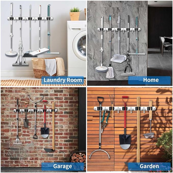 2 Pack Broom Holder Wall Mount, Stainless Steel Broom Hanger Wall Mount, Heavy Duty Mop and Broom Holder Tool Racks Utility Hooks for Laundry Room Garden Garage, Black (5 Racks and 4 Hooks) - Image 5