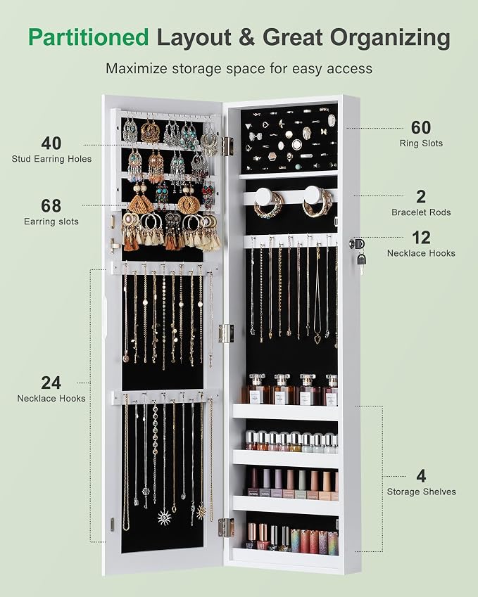 Nicetree Hanging Jewelry Cabinet, Jewelry Organizers and Storage, White - Image 3