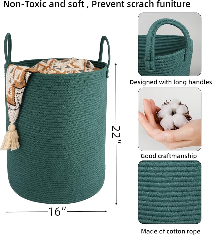 XUANGUO Cotton Rope Laundry Basket Hamper for Clothes Large Dark Green - Image 2