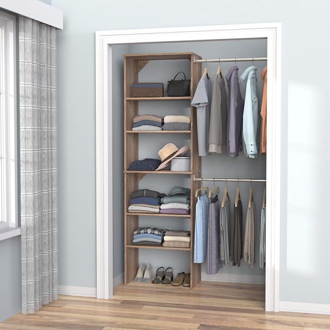 ClosetMaid SuiteSymphony Wood Closet Organizer Starter Kit with Tower and 3 Hang Rods, Shelves, Adjustable, Fits Spaces 5 – 10 ft. Wide, Natural Gray - Image 9