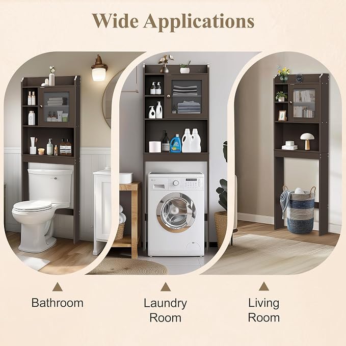 ZENY Over The Toilet Storage Cabinet, Bathroom Organizer with Adjustable Shelf and Double Doors, Freestanding Bathroom Space Saver Toilet Rack (Brown) - Image 3