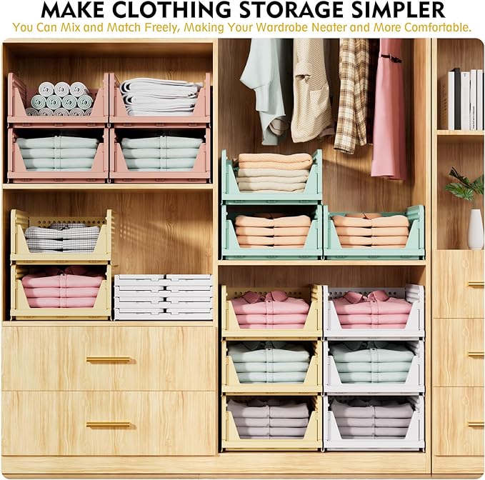 SNSLXH 5 Pack Stackable Closet Organizer Box, Multifunctional & Foldable Closet Storage Basket for Bathroom Kitchen Laundry Room Wardrobe Storage, Space-Saving Clothes Storage Drawer Organizer, Pink - Image 4