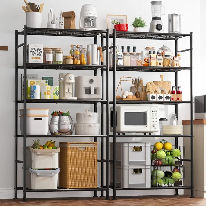 Sakugi Storage Shelves - Set of 2, 5-Tier Metal Shelf Organizer, Space-Saving Garage Shelving with Leveling Feet, Standing Shelves Organizer for Kitchen, Laundry, Pantry (33.1"x12.6"x72.0", Black) by Sakugi