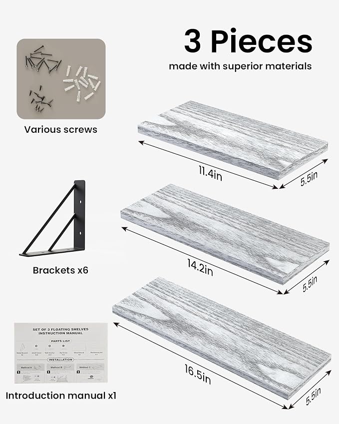 BAYKA Wall Shelves for Bedroom Decor, Wood, Gray White, Set of 3, 16in - Image 7
