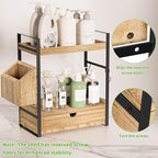 2-Tier Bathroom Counter Organizer, Wooden Vanity Shelf with Drawer & Basket - Image 3