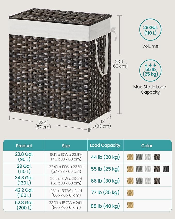 SONGMICS Laundry Hamper with Lid, 110L Double Wicker Basket, 6 Mesh Bags - Image 6