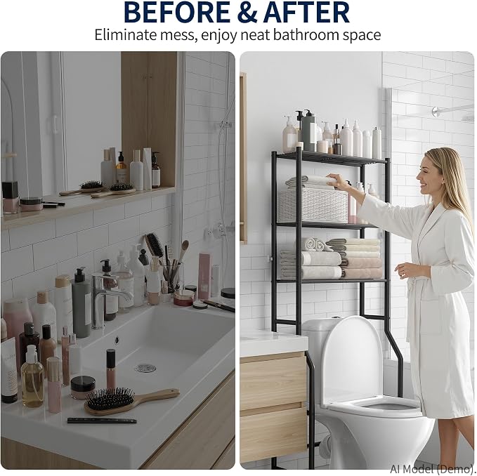 GloTika 3-Tier Over Toilet Storage Rack, Anti-Wobble, Black - Image 7