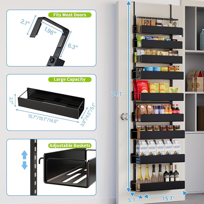 9-Tier Over Door Pantry Rack, Heavy Duty Metal Spice Organizer Shelf for Kitchen, Black - Image 2