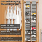 HomeBeyond 10 Shelf Hanging Closet Organizer, Grey Storage Shelves for Clothes, Shoes, and Accessories, Space Saving Closet Storage Solution - Image 3