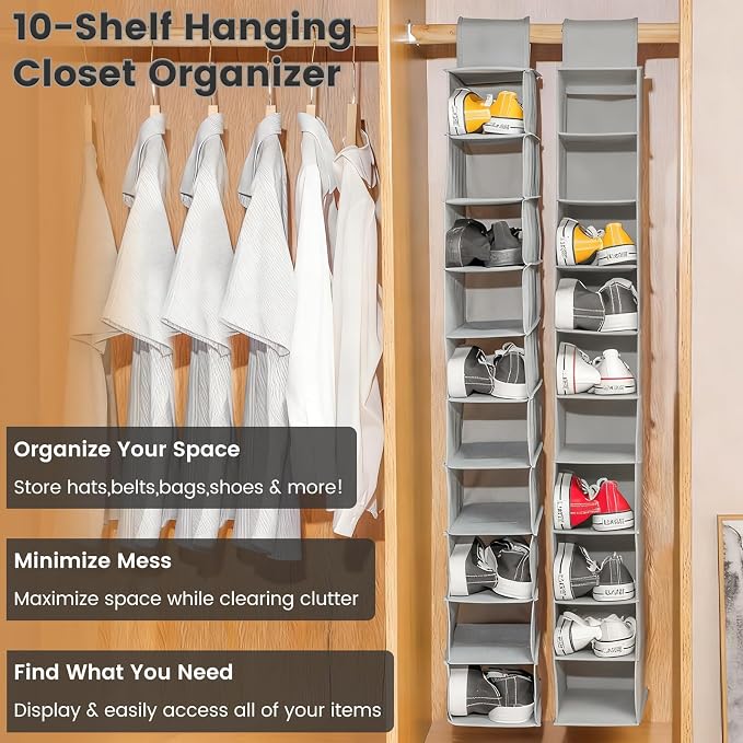 HomeBeyond 10 Shelf Hanging Closet Organizer, Grey Storage Shelves for Clothes, Shoes, and Accessories, Space Saving Closet Storage Solution - Image 3