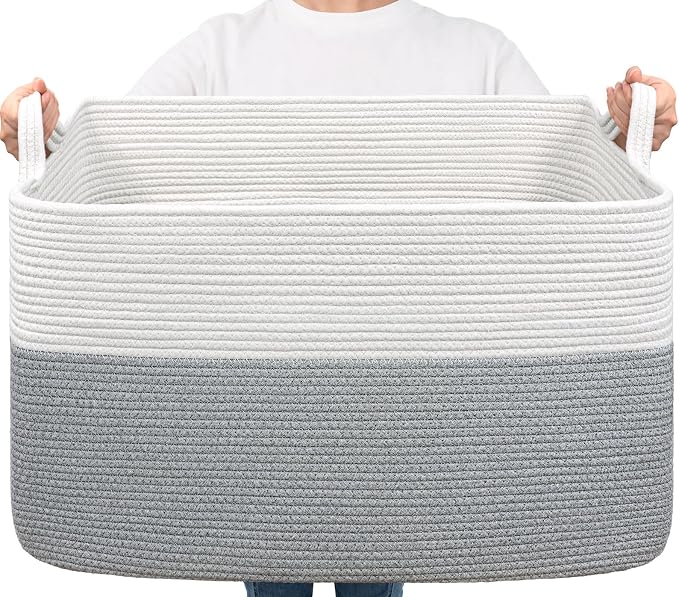 Goodpick 85L Large Woven Rope Blanket Basket, Rectangle, White Gray by Goodpick