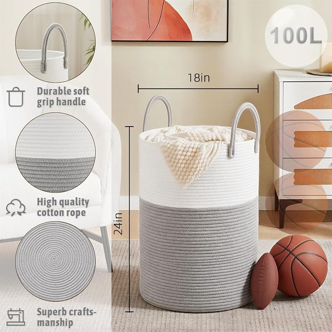 Artfeel Laundry Basket,Woven Cotton Rope Laundry Hamper,100L for Decorative Storage of Dirty Clothes,Toys and Blankets in Bathroom,Baby Room and Living Room - Image 6