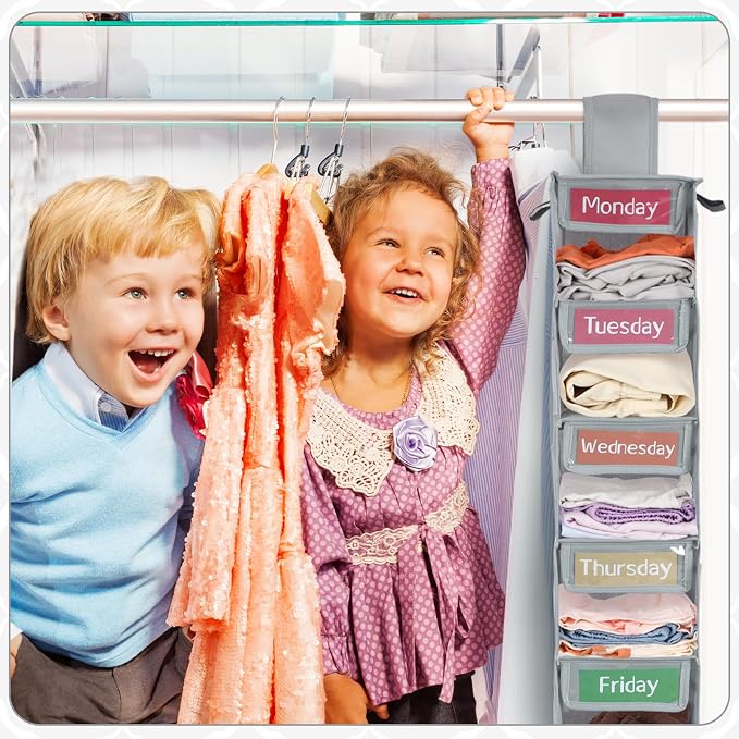 2 Pack 7 Shelf Weekly Clothes Organizer Hanging Closet for Kids with Side Pockets Weekday Shoes Rack Weekly Clothes Organizers Monday Through Weekend Foldable Storage Shelves(Gray) - Image 3