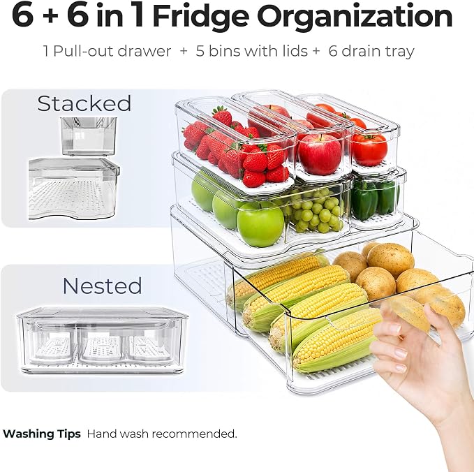 SMRCAD Clear Fridge Bins with Drain Trays - BPA-Free PET, Stackable(6 Pack) - Image 7