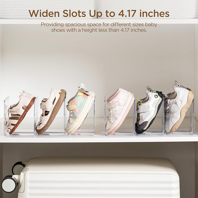 HBlife Widened 4.17 Inch Clear Acrylic Kids Shoe Rack for Closet Organizers and Storage, Small Shoe Rack 3 Sections Toddler Baby Shoe Storage Organizer Shelf, Desk File Book Purse Organizer(2 Pack) - Image 4