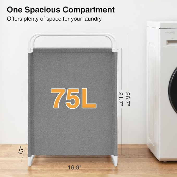 STO STO Laundry Hamper, 75L Laundry Basket with Coated Fabric Bag, Lightweight Portable Dirty Clothes Hamper, Laundry Bin with Metal Frame for Laundry Room, Bedroom, Closet and Dorm, Gray Fabric - Image 3