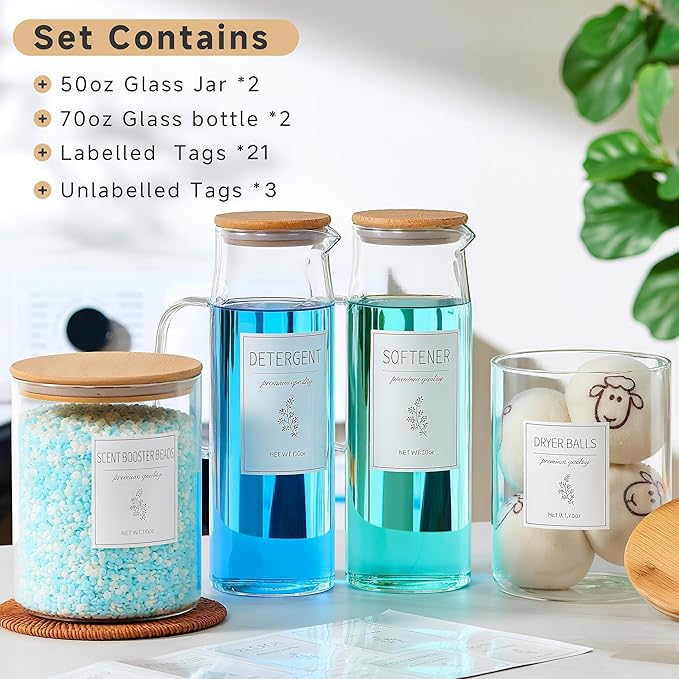 Glass Laundry Detergent Dispenser Set - 2x50oz & 2x70oz Borosilicate Containers with Bamboo Lids, Handle& Labels, Stores Powder,laundry pods,Fabric Softener, for Laundry Room organization and Decor - Image 2