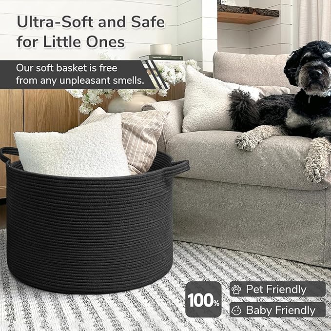 INDRESSME XXXLarge Woven Rope Blanket Basket Living Room Black, 90L - Image 6