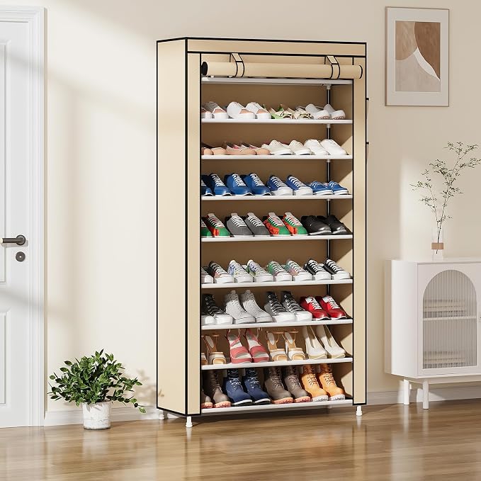 Laiensia 9-Tier Shoe Rack ，Space Saving Shoe Storage Organizer Non-Woven Cover Shoe Shelf Holds 36-45 Pairs for Bedroom, Hallway, Entryway, Beige - Image 8