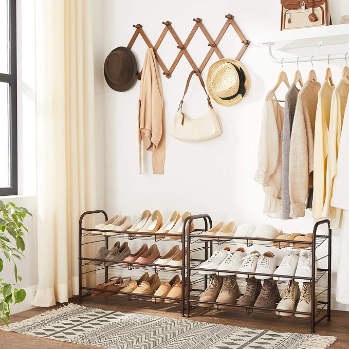SONGMICS 3-Tier Stackable Metal Shoe Rack, Holds Up to 12 Pairs of Shoes | Shoe Organizer for Closet, Entryway, and Small Spaces, with Adjustable Slanted Shelves, Bronze, DAVIAN Collection ULMR066A01 - Image 3