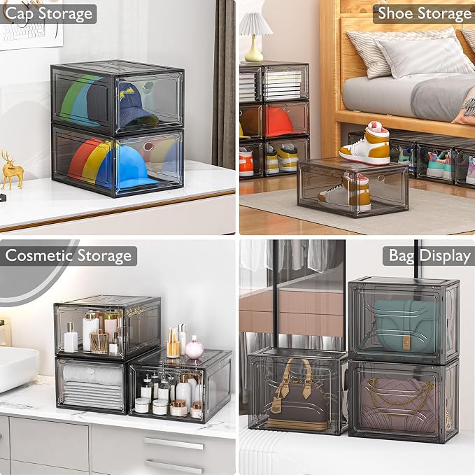 12 Pack Shoe Organizer, Stackable Shoe Storage Boxes with Magnetic Door | Clear Plastic Shoe Boxes for Sneakers, Boots & Heels, Foldable Space-Saving Shoe Rack for Closet, Durable Shoe Cabinet, Black - Image 5