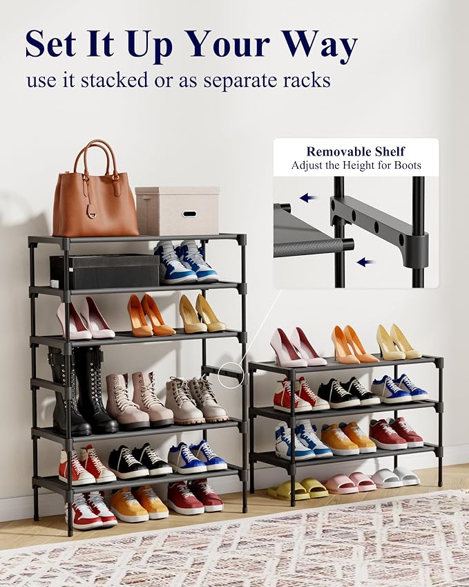Kitsure Shoe Rack - Non-Woven Shoe Rack Shelf, 27.5" Wide - 3 Tier, Black | Shoe Organizer for Closet, Entryway, Garage, Stackable Shoe Shelves, college dorm&apartment essentials - Image 7