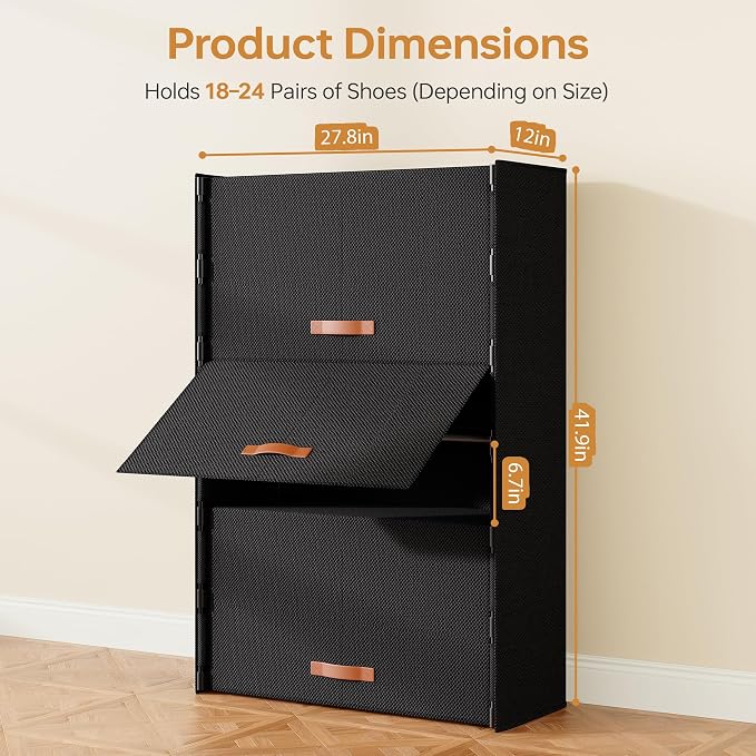 6-Tier Shoe Storage Cabinet with Fabric Cover, Hard Flip Doors, Holds 18–24 Pairs, Enclosed Dustproof Shoe Rack Organizer for Entryway, Closet & Bedroom, Shoe Shelf, Black, 27.8" x 12.0" x 41.9" - Image 3