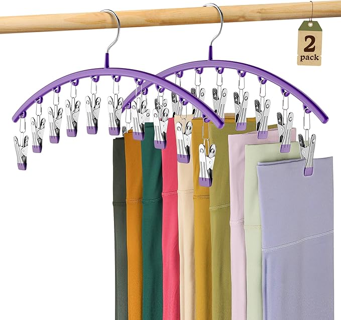 Volnamal Legging Organizer for Closet,2 Pack Metal Yoga Pants Hanger-Purple | Clothes Hanger w/10 Clips Hold 20 Leggings,Space Saving Hanging Closet Organizer College Dorm Essentials Apartment Essential by Volnamal