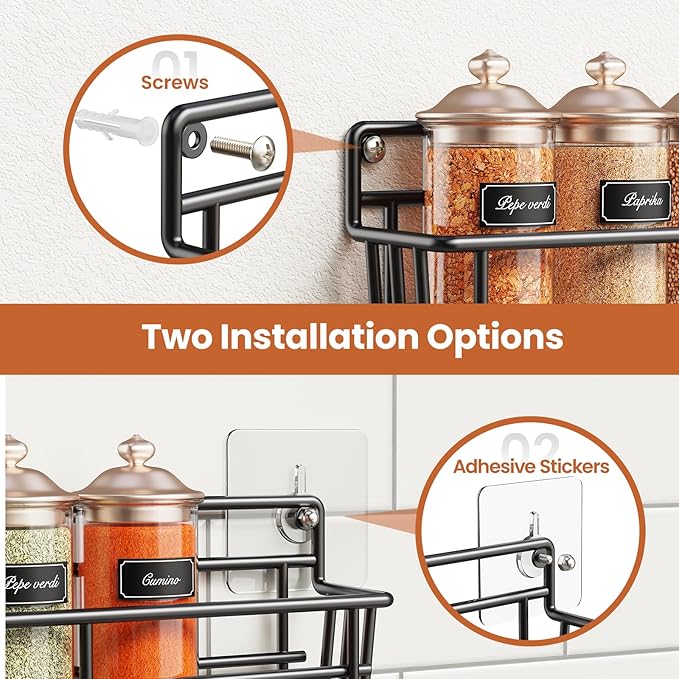 Mystozer Spice Rack wall mounted 6 Pack, Space-Saving Spice Organizer for Spice Jars and Seasonings,Screw or Adhesive Hanging Spice Rack Organizer for Your Kitchen Cabinet,or Pantry Door - Image 4