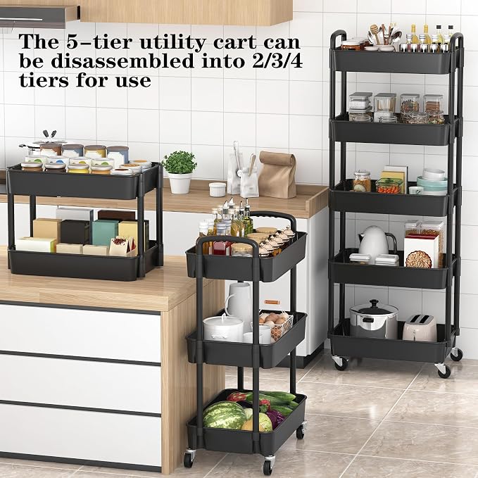 Sywhitta 5-Tier Plastic Rolling Utility Cart with Wheels,Black - Image 2