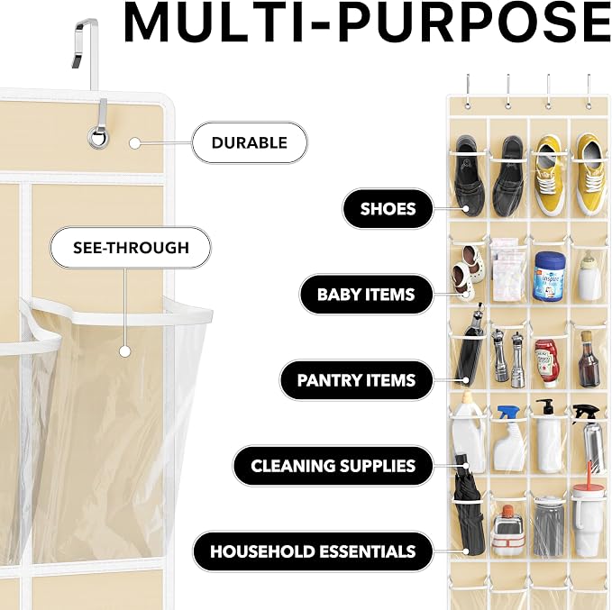 Simple Houseware 24 Pockets Clear Over the Door Shoe Organizer, Beige | 64" x 19", 4 Durable Metal Hooks, 4.3" x 9.5" Pocket Size, Multipurpose - Image 5