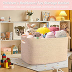 Large 75L Woven Laundry Basket, Collapsible Cotton Rope Storage Hamper for Blankets, Toys, Dirty Clothes, Rectangle Nursery Basket for Living Room, Bedroom, Baby Room - Brown - Image 3