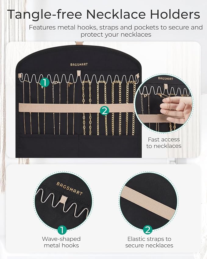 BAGSMART Hanging Jewelry Organizer Claw Clip Necklace Holder Roll for Hair Ties, Headbands, Clips, Earrings, Necklaces, Glasses Double-Sided on Closet, Wall, Door, 1 piece, Large-Black (Pack of 2) - Image 4