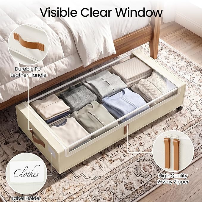 Yecaye 70L Large Under Bed Storage Containers with Wheels, 2 Pack, Beige | Larger Capacity, 360° Rolling Wheels, Clear Window & Label, Sturdy Fabric, Rolling Metal Drawers for Clothes, Shoes, Blankets - Image 4