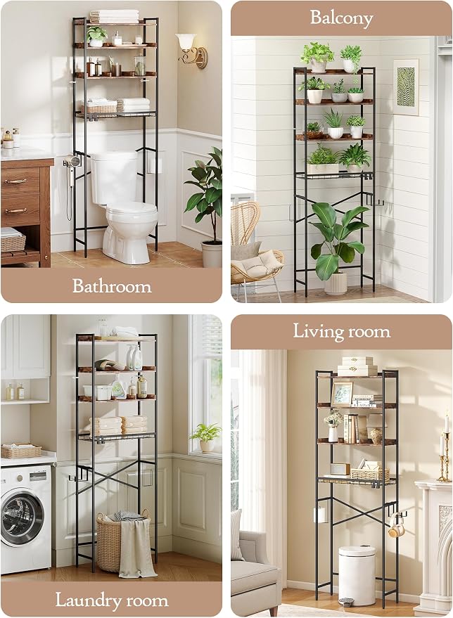 Quikraen 4 Tier Over The Toilet Storage Shelf with 3 Adjustable Shelves, Space Saver Bathroom Organizer with 4 Hooks, Freestanding Above Toilet Rack for Restroom Laundry (Brown) - Image 6