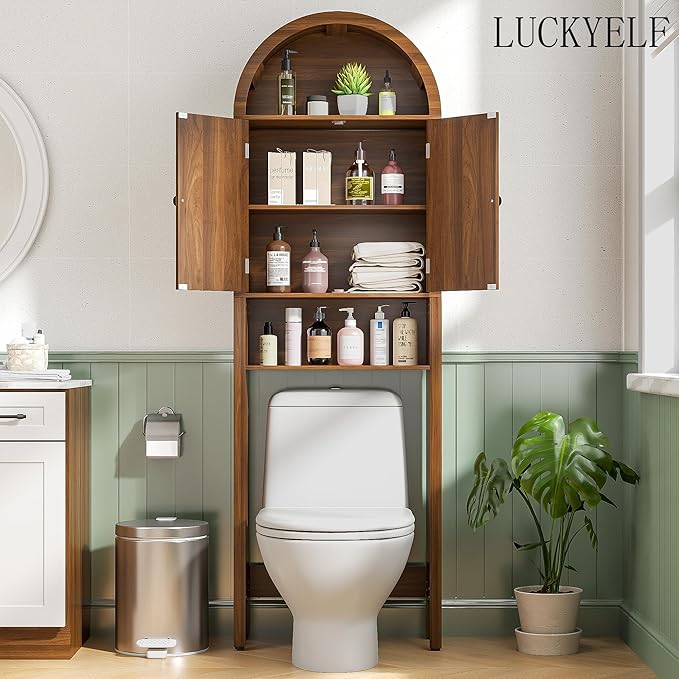 Arched Over The Toilet Storage Cabinet with Fluted Doors, 4 Tier Small Bathroom Shelf Organizer, Mid Century Modern Bathroom Cabinet with Adjustable Shelf, Slim Narrow Arch Toilet Rack, Walnut - Image 5