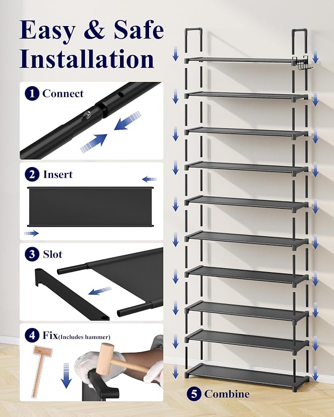 Kitsure 10 Tier Shoe Rack, Tall Shoe Organizer, 32.2" Wide, Black | Large-Capacity Shoe Storage with Hooks, Shoe Shelf for Closet, Entryway, Bedroom, Living Room, Zapateras Organizer - Image 7