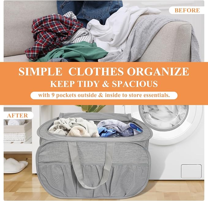 Collapsible Laundry Baskets with Lid, Foldable Laundry Basket with Pockets, Pop Up Laundry Hamper with Dual Handles, 99L Sturdy Hampers for Clothes, Groceries, Supplies, Tools, Grey - Image 3