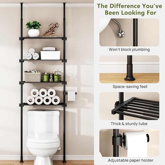 ALLZONE Adjustable Over The Toilet Storage Shelf, 4-Tier Ample Bathroom Organizer and Storage, Tension Mounted Above Toilet Storages Cabinet for Versatility, Fits 66-113 Inch Heights, Black - Image 4