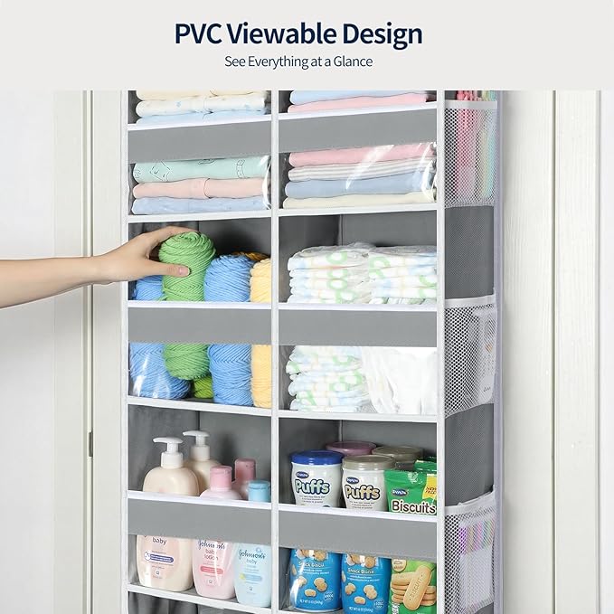 Yecaye Over The Door Organizer, 5 Tier Extra Large Behind Door Storage of 10 Compartments, 80lbs Heavy Duty Door Organizer Hanging with Clear Window for Closet Bedroom Pantry Bathroom, Grey - Image 4