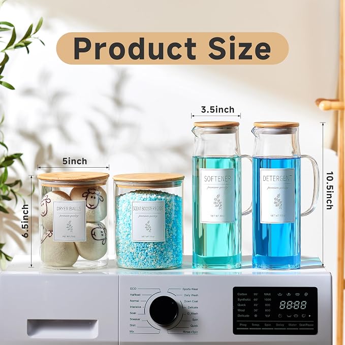 Glass Laundry Detergent Dispenser Set - 2x50oz & 2x70oz Borosilicate Containers with Bamboo Lids, Handle& Labels, Stores Powder,laundry pods,Fabric Softener, for Laundry Room organization and Decor - Image 3