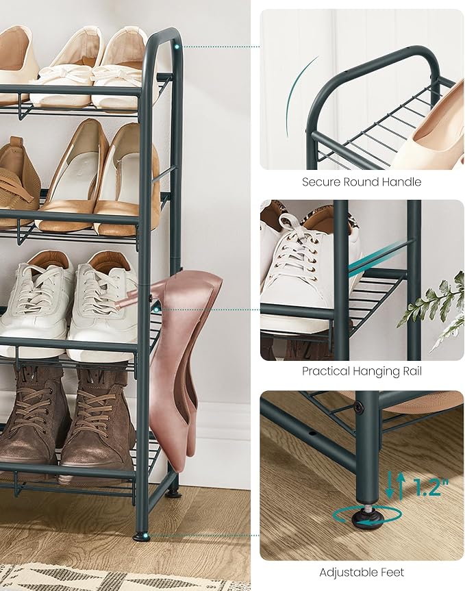 SONGMICS 4-Tier Stackable Metal Shoe Rack, Holds Up to 16 Pairs of Shoes | Shoe Organizer for Closet, Entryway, and Small Spaces, with Adjustable Slanted Shelves, Grey, DAVIAN Collection ULMR067G01 - Image 6
