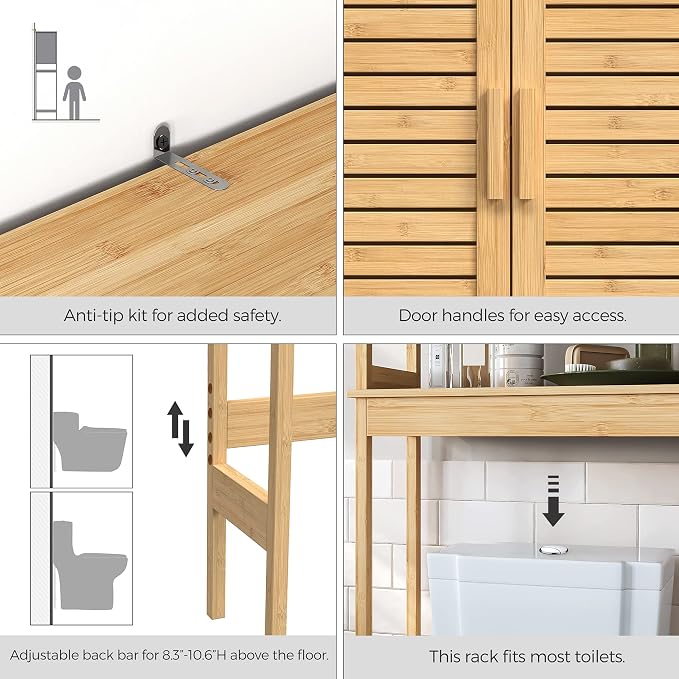 SONGMICS Bamboo Over The Toilet Storage Cabinet, Adjustable Inside Shelf - Image 4