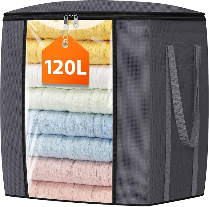 TasticTotes 120L Extra Large Blanket Clothes Storage Bags, Gray, 1 Pack | Foldable Blanket Storage and Organization, Thick Fabric Containers with Reinforced Handles & Zippers for Comforters, Bedding by Unknown