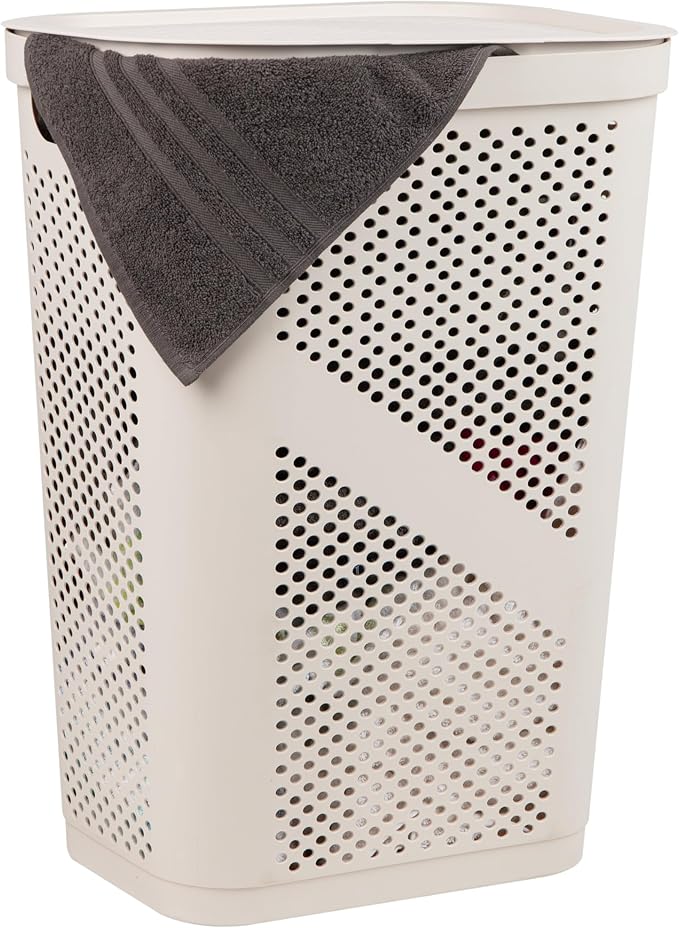 Mind Reader Slim Laundry Hamper with Lid, 60L Clothes Basket, Ventilated Plastic, Ivory by MindReader