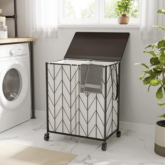 WOWLIVE Double Laundry Hamper with Lid, Rolling Laundry Basket with Wheels - Image 4